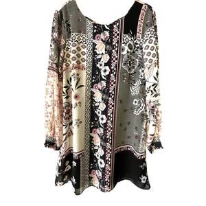 Maurices black pink floral patchwork long split sleeve dress country Size M